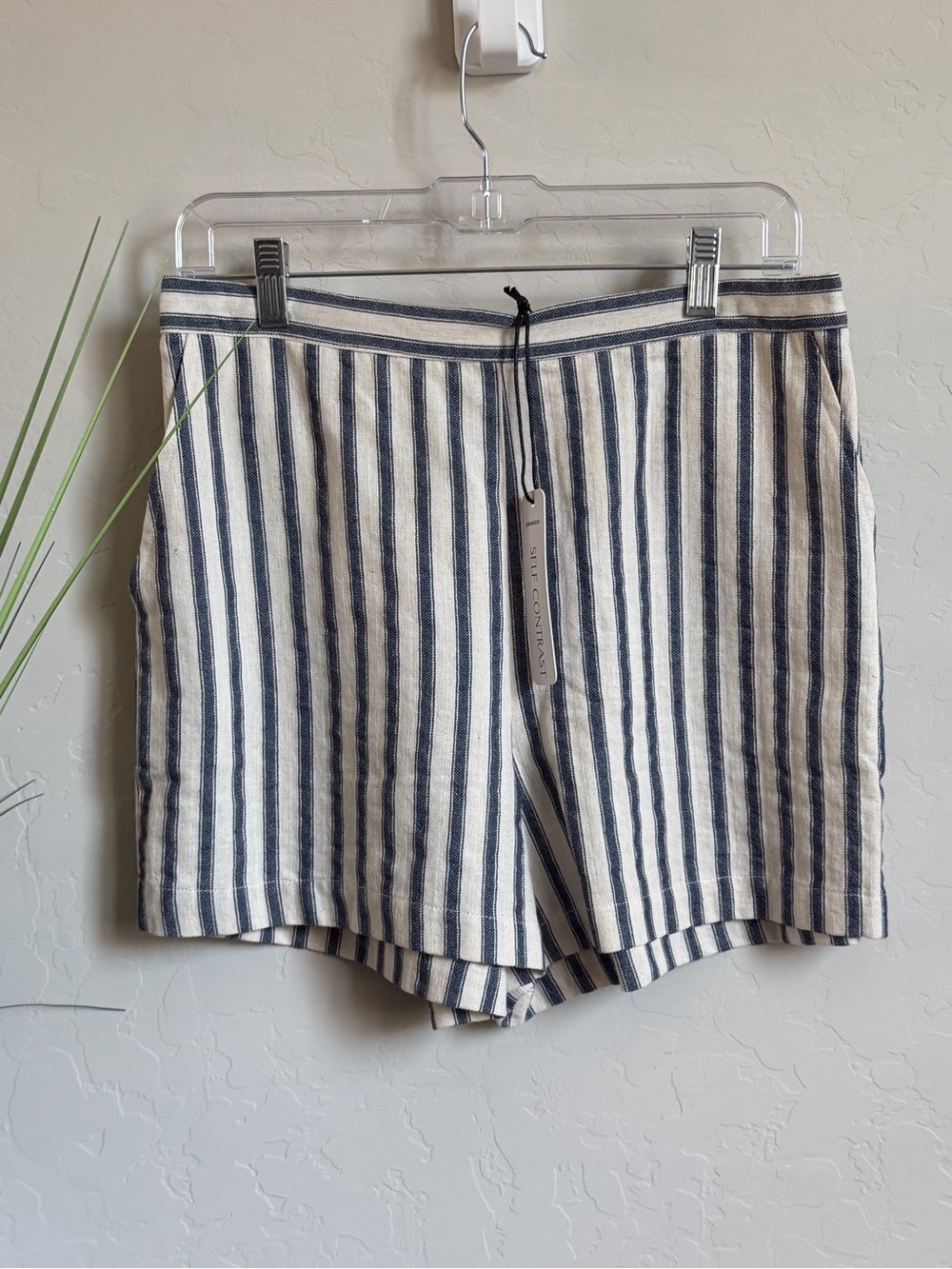 Self Contrast Blue Stripe Linen Blend Shorts NWT Medium Coastal Summer